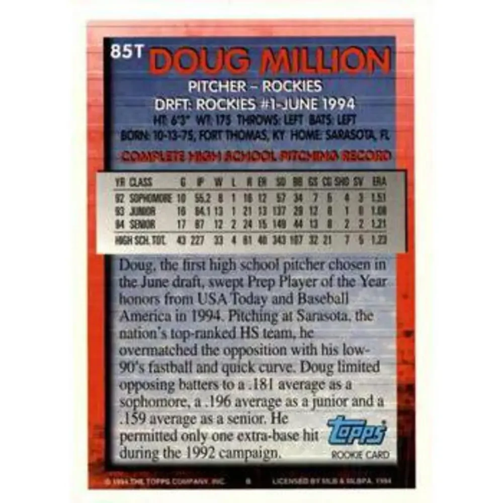 1994 Topps Traded Doug Million DPK, RC 85T Colorado Rockies